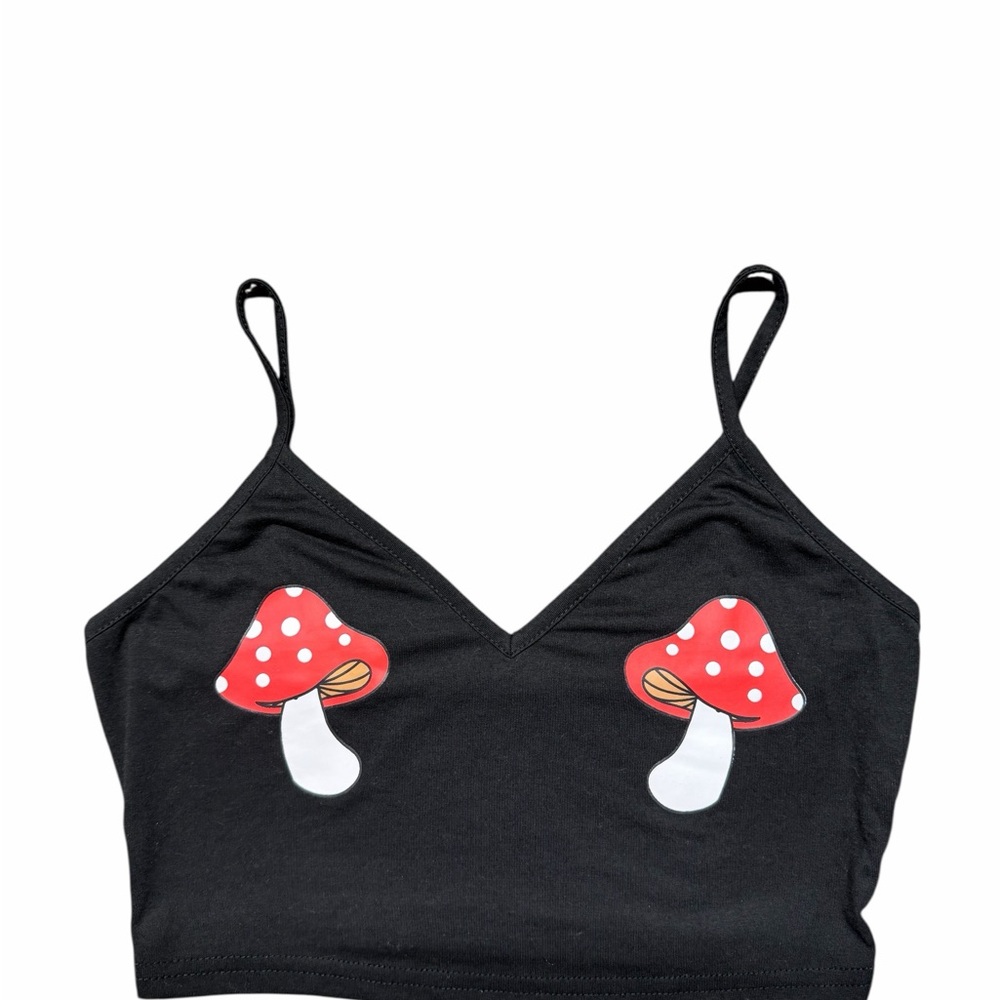 2+1 free Black Crop Top with Red Mushroom Design